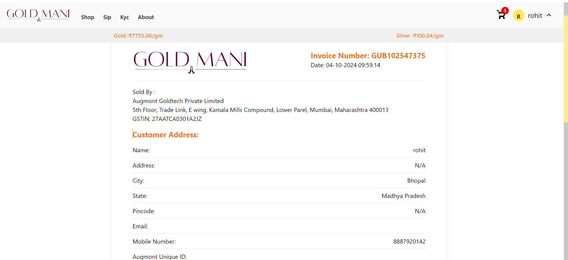 Invoice on Gold Mani