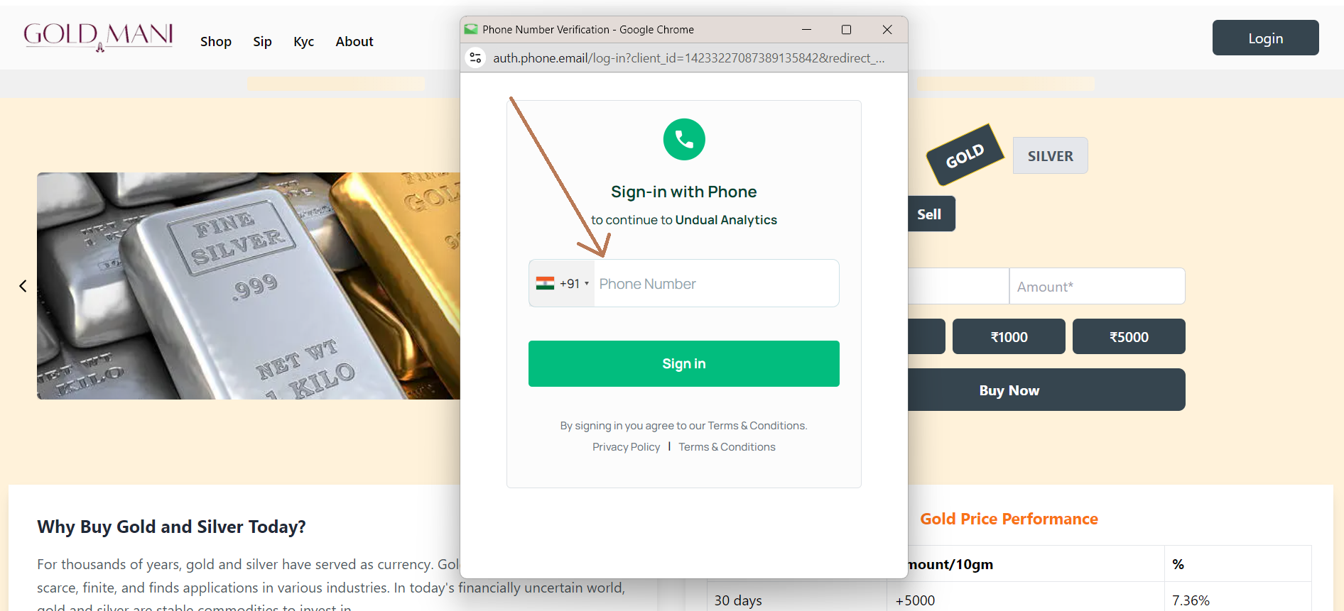Phone number sign-in on Gold Mani
