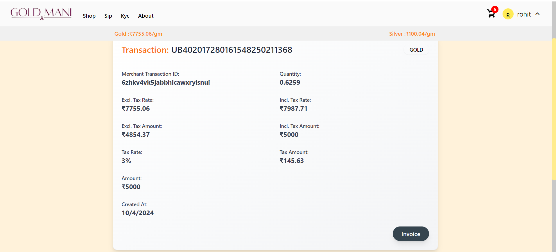 Transaction details on Gold Mani